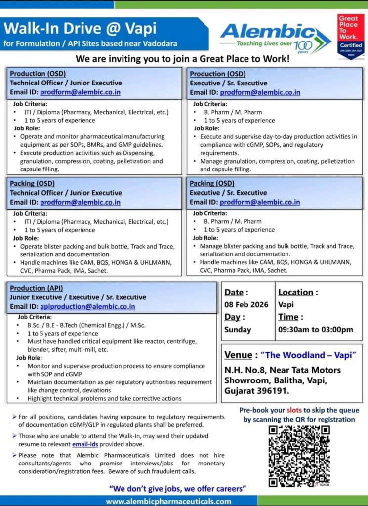 Alembic Pharmaceuticals Walk-In Drive – Vapi