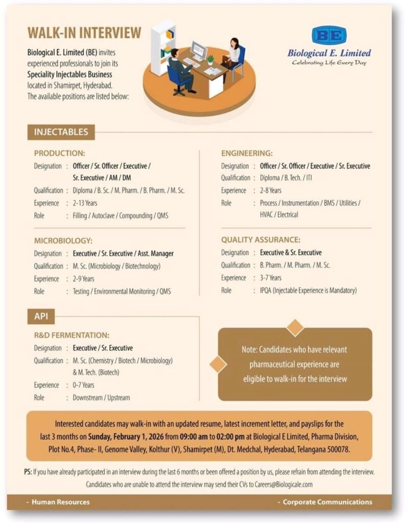 Opportunity at Biological E. Limited – Hyderabad