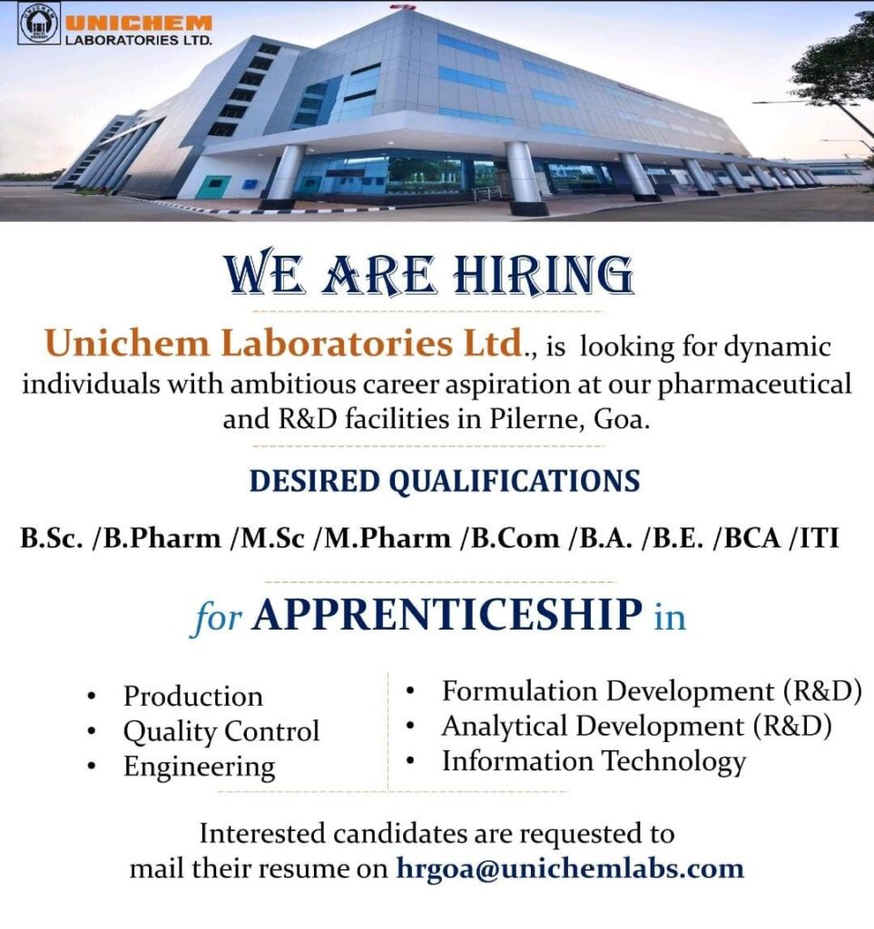 Unichem Laboratories Ltd Hiring Apprentices | Pharma & R&D Jobs