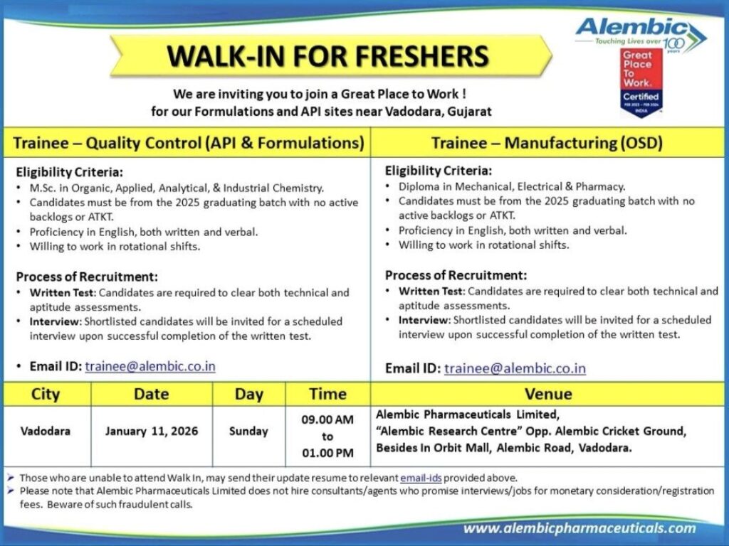 Alembic Pharma Walk-In Interview: Quality Control & Manufacturing Jobs for Freshers