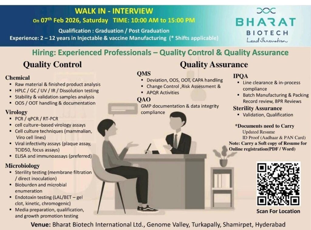 Bharat Biotech Walk-In Interview 2026 | QC & QA Jobs in Hyderabad