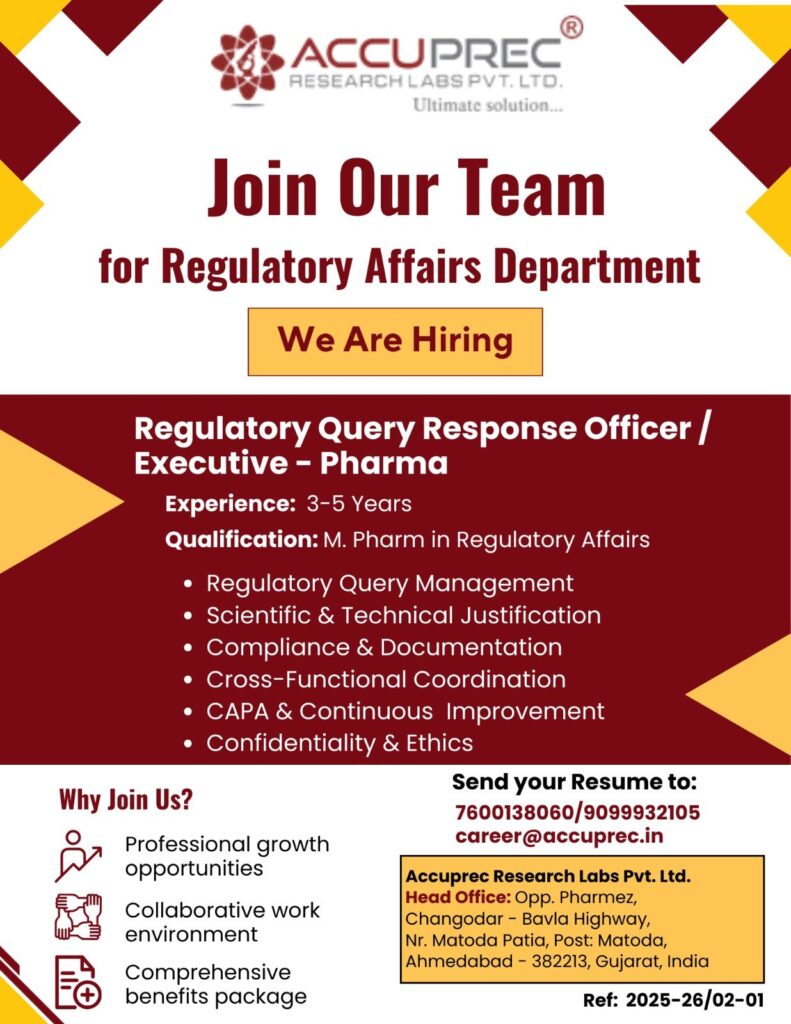 Accuprec Research Labs Hiring Regulatory Affairs Executive – M.Pharm Jobs in Ahmedabad