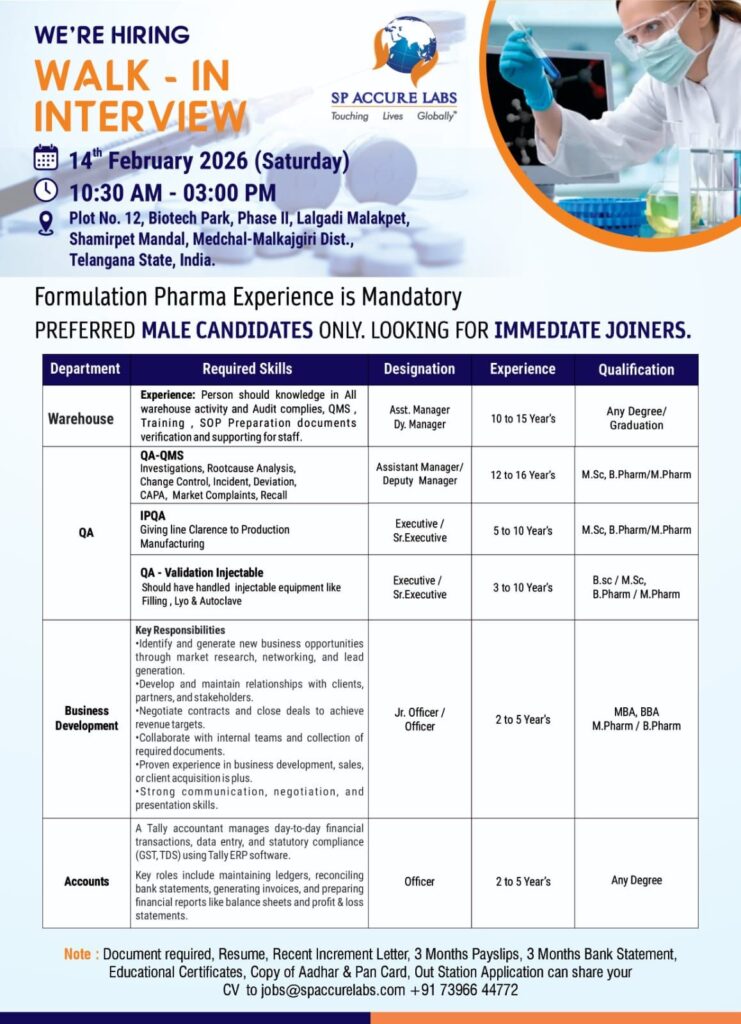 SP Accure Labs Walk-In Interview 2026 for multiple openings 