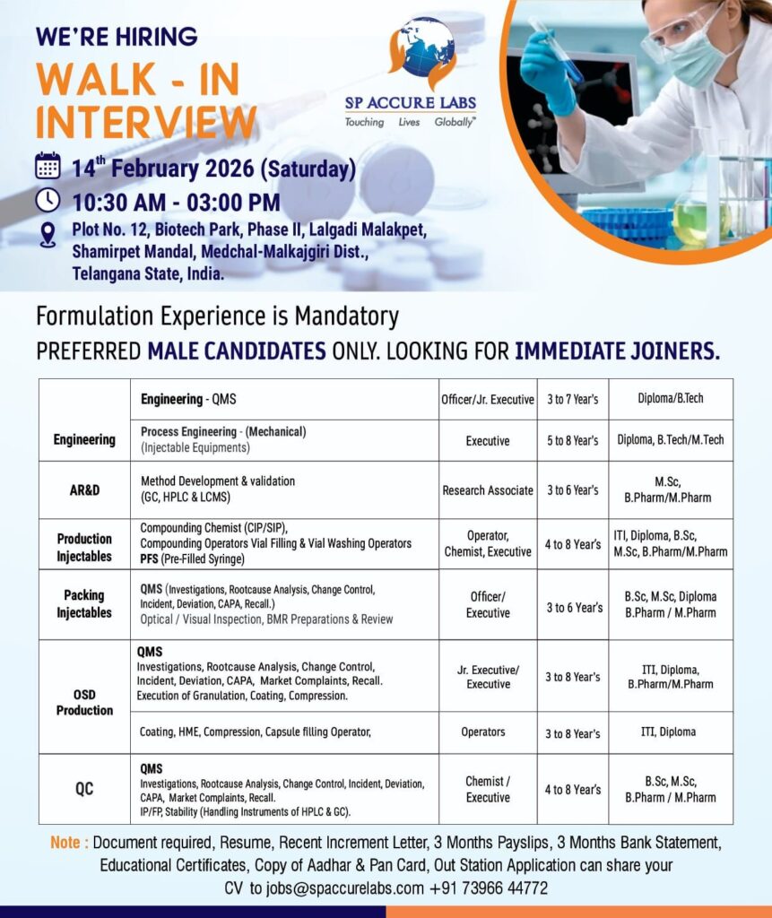 SP Accure Labs Walk-In Interview 2026 for multiple openings 