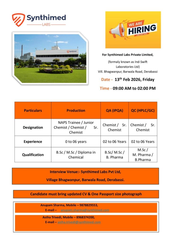 Synthimed Labs Walk-In Interview 2026 | Production, QA & QC Jobs