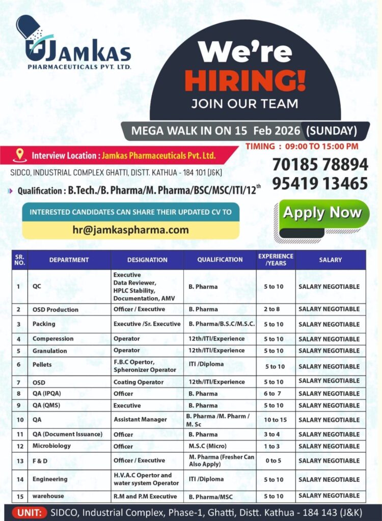 Jamkas Pharmaceuticals Walk-In Interview 15 Feb 2026 | QC, QA, OSD, Microbiology Jobs