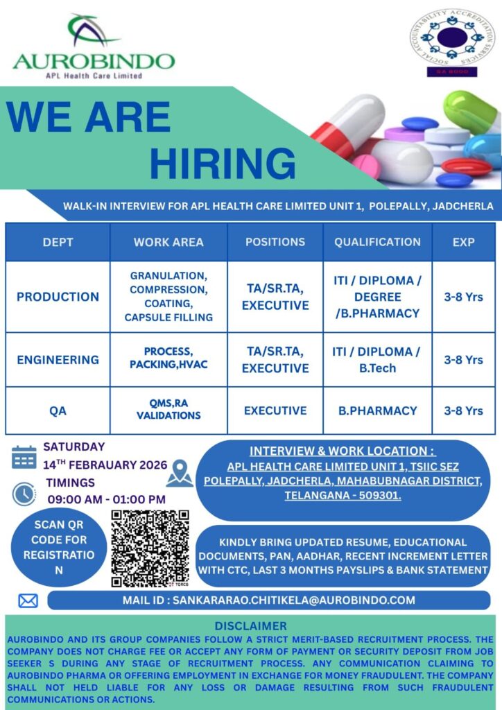 Aurobindo (APL Health Care Ltd) Walk-In Interview on 14th Feb 2026
