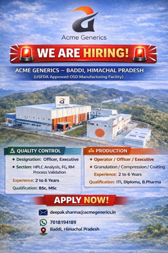 Acme Generics Hiring in Baddi, Himachal Pradesh