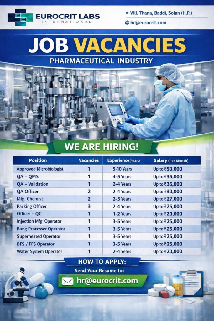 Eurocrit Labs International Hiring for Multiple Positions – Baddi, HP