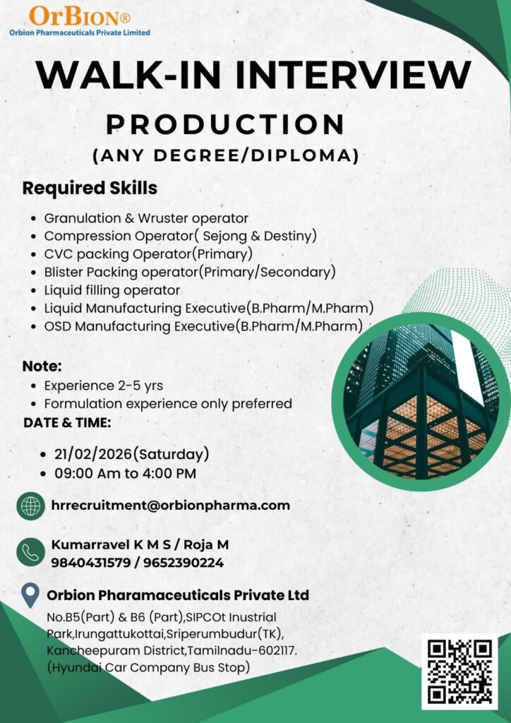 Orbion Pharmaceuticals Walk-In Interview 2026 for Production Roles