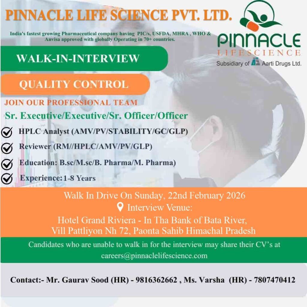 Walk-In Interview for Quality Control at Pinnacle Life Science Pvt. Ltd