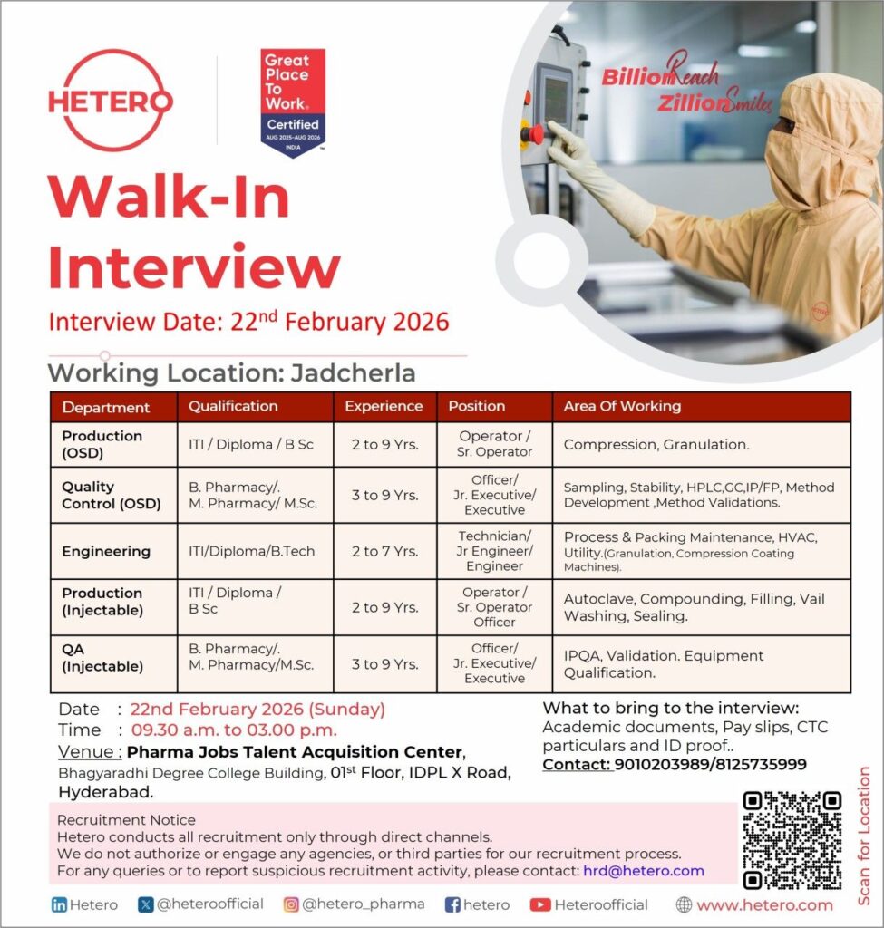 Hetero Announces Walk-In Interview Drive in Hyderabad