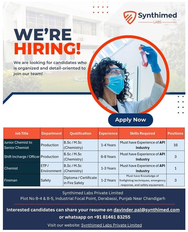 Synthimed Labs Hiring 2026 – Chemist, Shift Incharge 