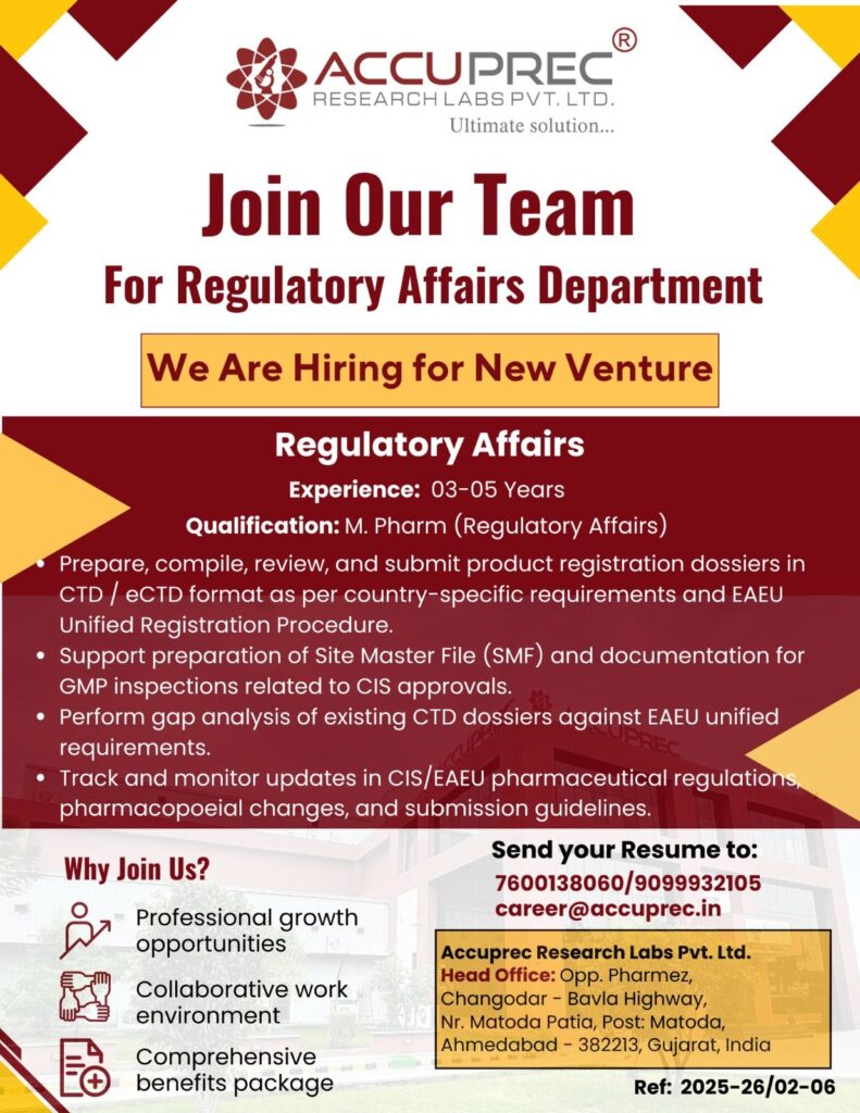 Accuprec Research Labs Hiring Regulatory Affairs Professionals in Ahmedabad | M.Pharm Jobs