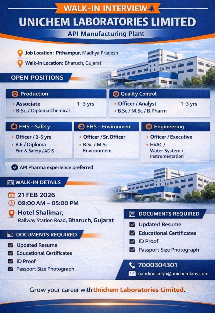 Unichem Laboratories Limited Walk-In Interview 2026 for API Manufacturing Plant