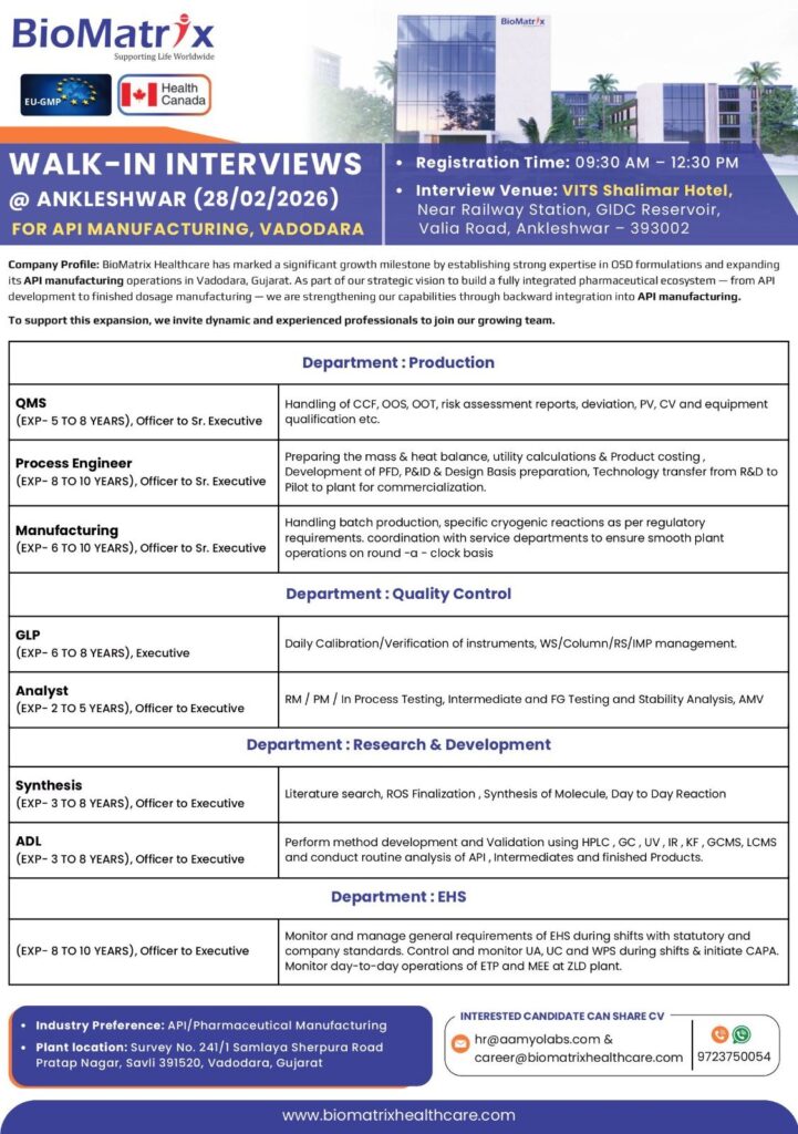 BioMatrix Healthcare Walk-In Interview 2026 for API Manufacturing | Ankleshwar