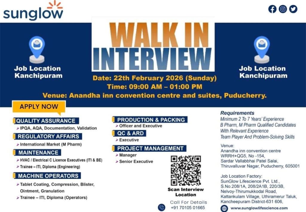 Walk-In Interview at SunGlow Lifescience Pvt. Ltd. – Kanchipuram