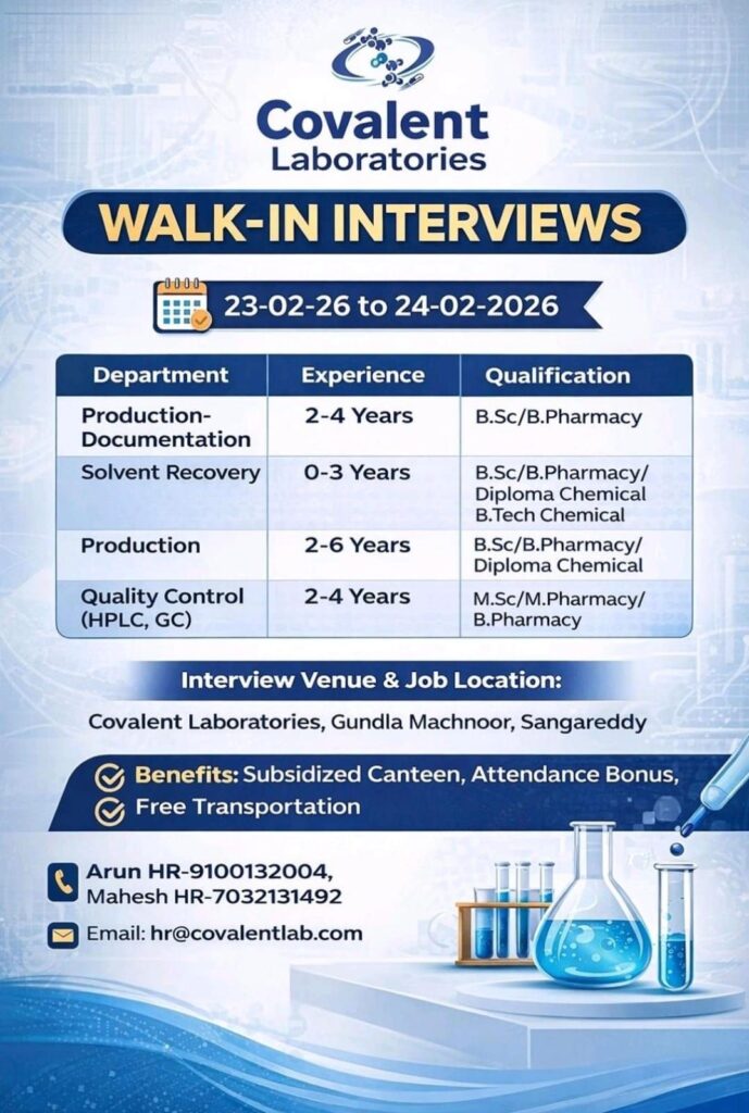 Covalent Laboratories Walk-In Interviews | Production, QC & Documentation Roles