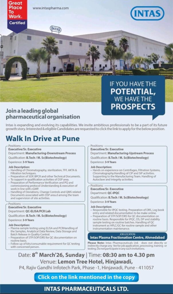 Walk-In Drive Opportunity at Intas Pharmaceuticals Ltd – Pune