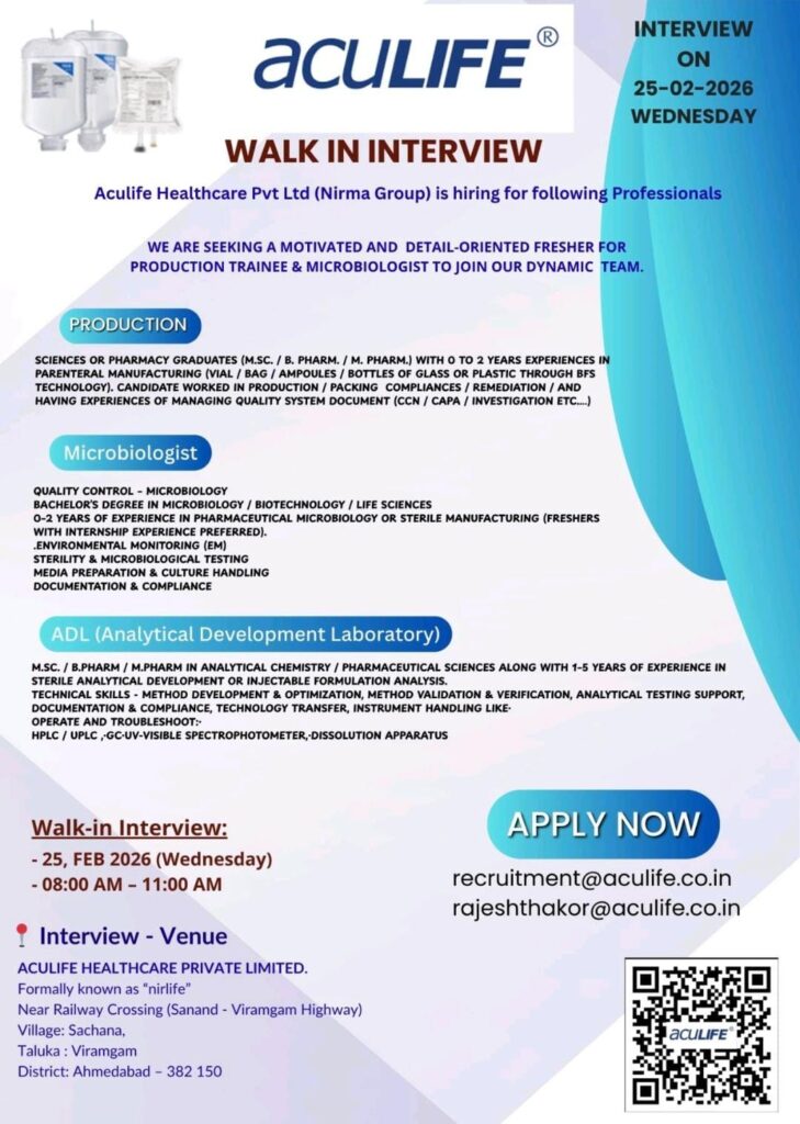 Walk-In Interview at Aculife Healthcare Pvt Ltd (Nirma Group)