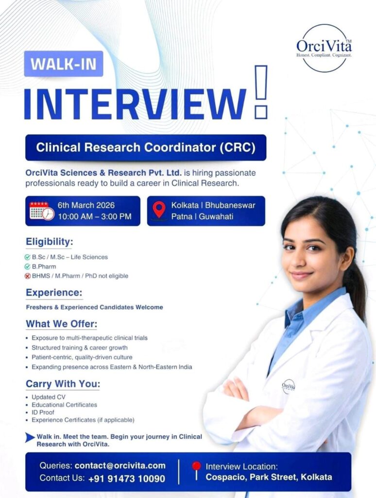Clinical Research Coordinator Jobs 2026 – OrciVita Walk-In Drive