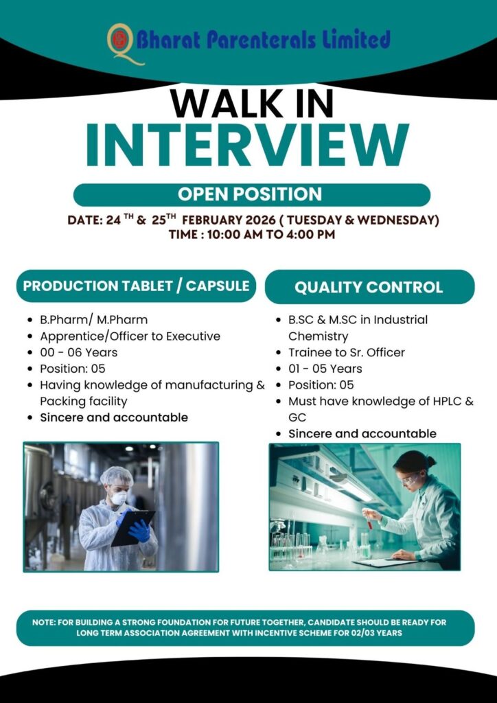 Walk-In Interview at Bharat Parenterals Limited 