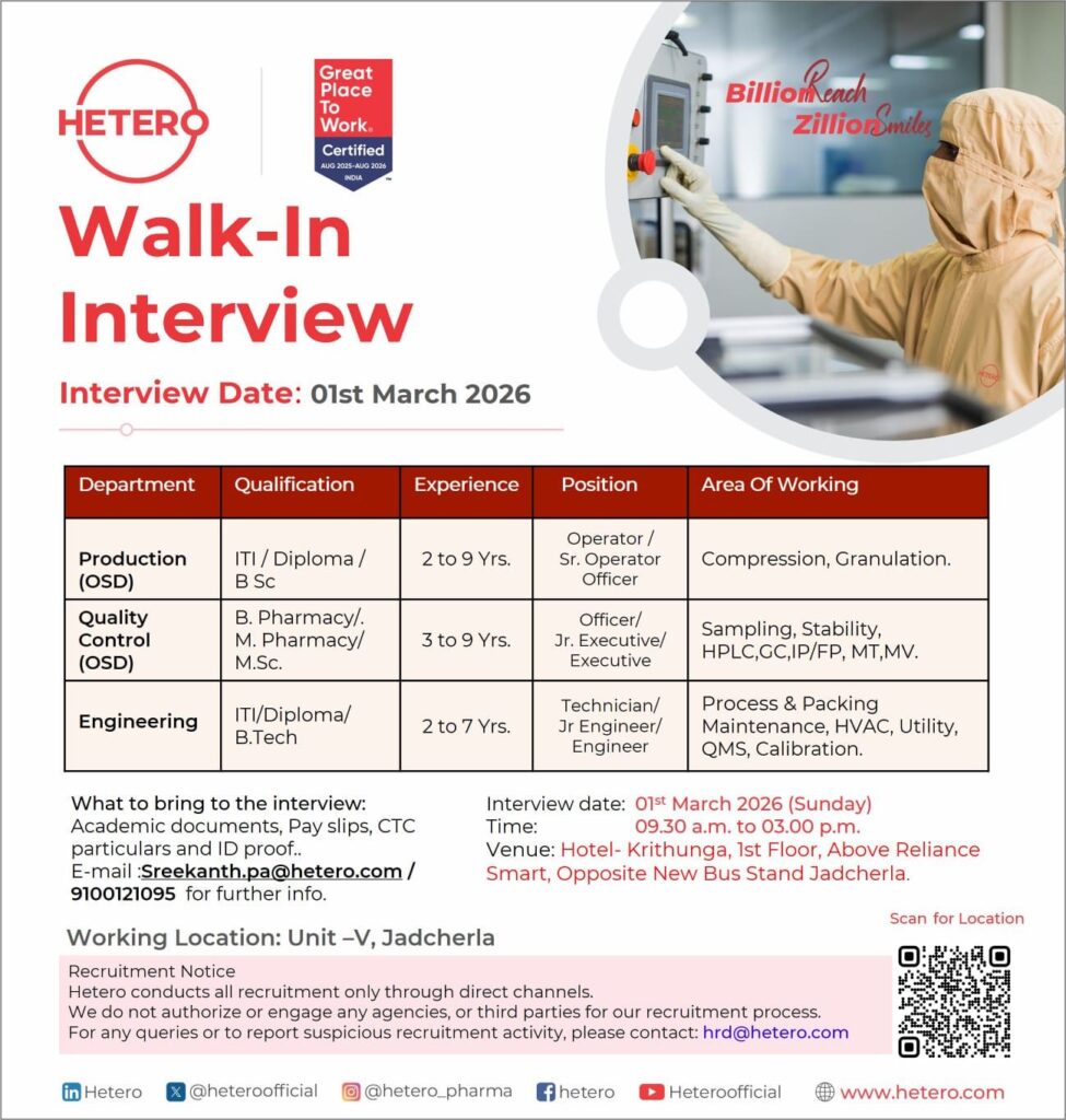 Hetero Announces Walk-In Interview in Jadcherla – 01 March 2026