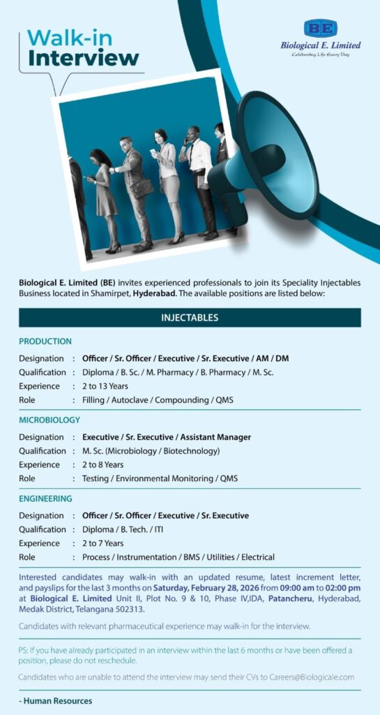 Walk-In Interview at Biological E. Limited – Injectables Division | Hyderabad