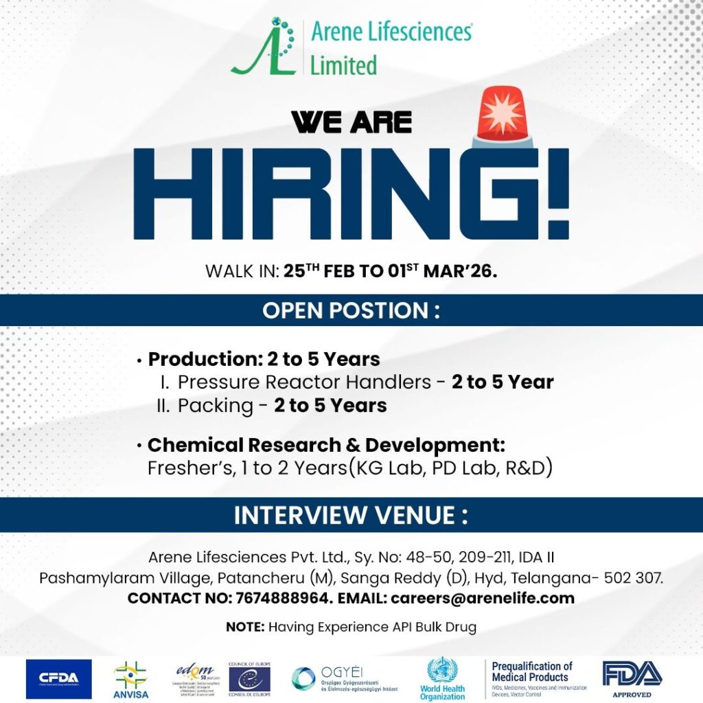 Walk-In Interview Opportunity at Arene Lifesciences Limited 