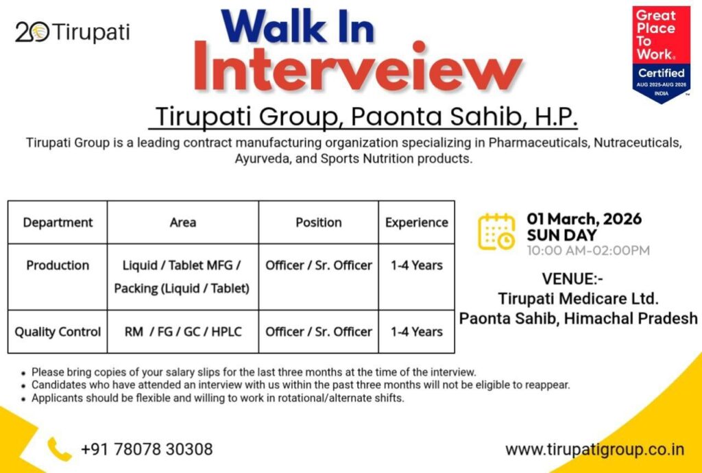 Walk-In Interview Opportunity at Tirupati Group, Paonta Sahib (H.P.)
