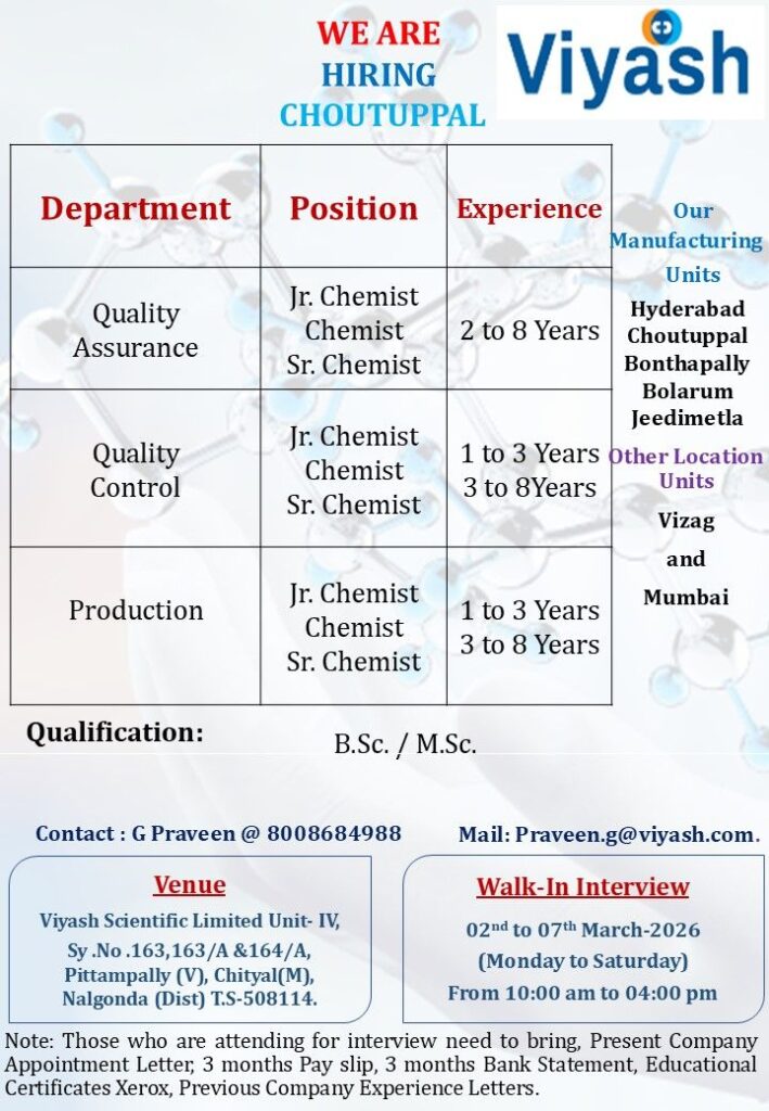 Viyash Scientific Limited Announces Walk-In Drive for Chemist Positions