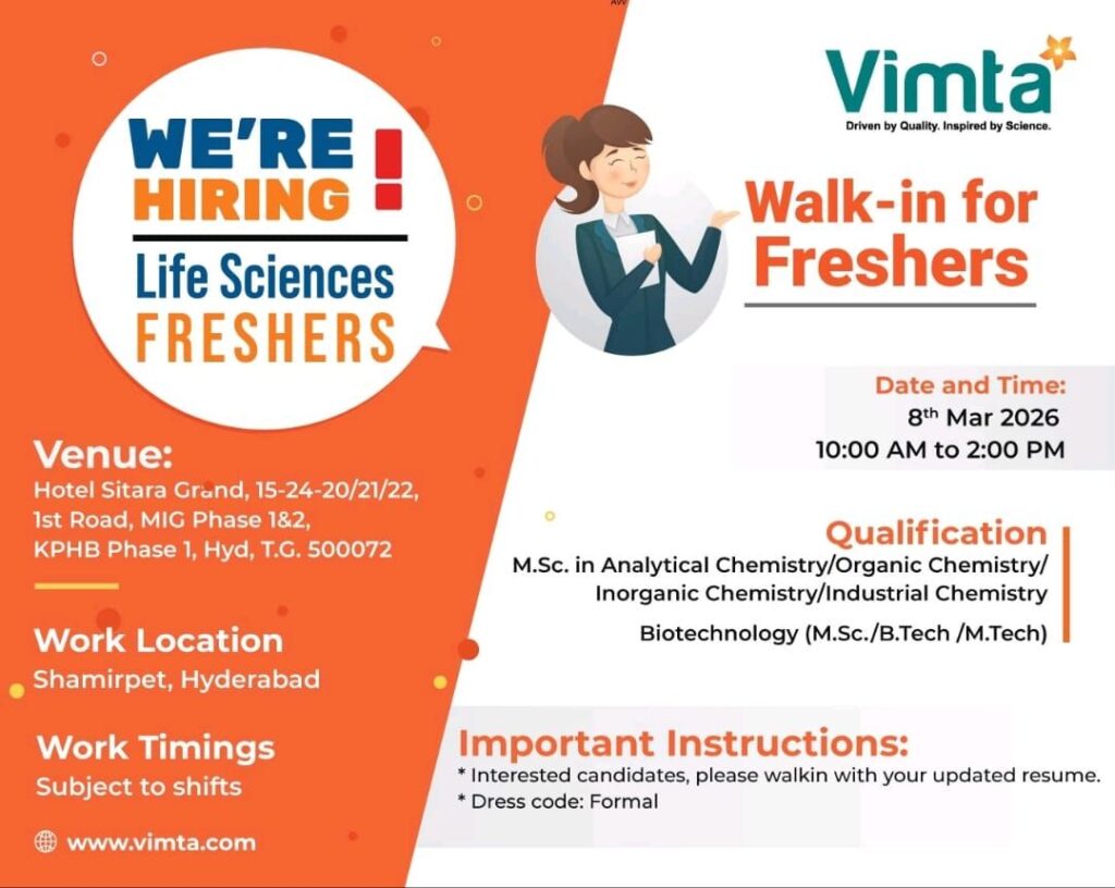 Vimta Labs Walk-In Drive 2026 for Life Sciences Freshers | Hyderabad