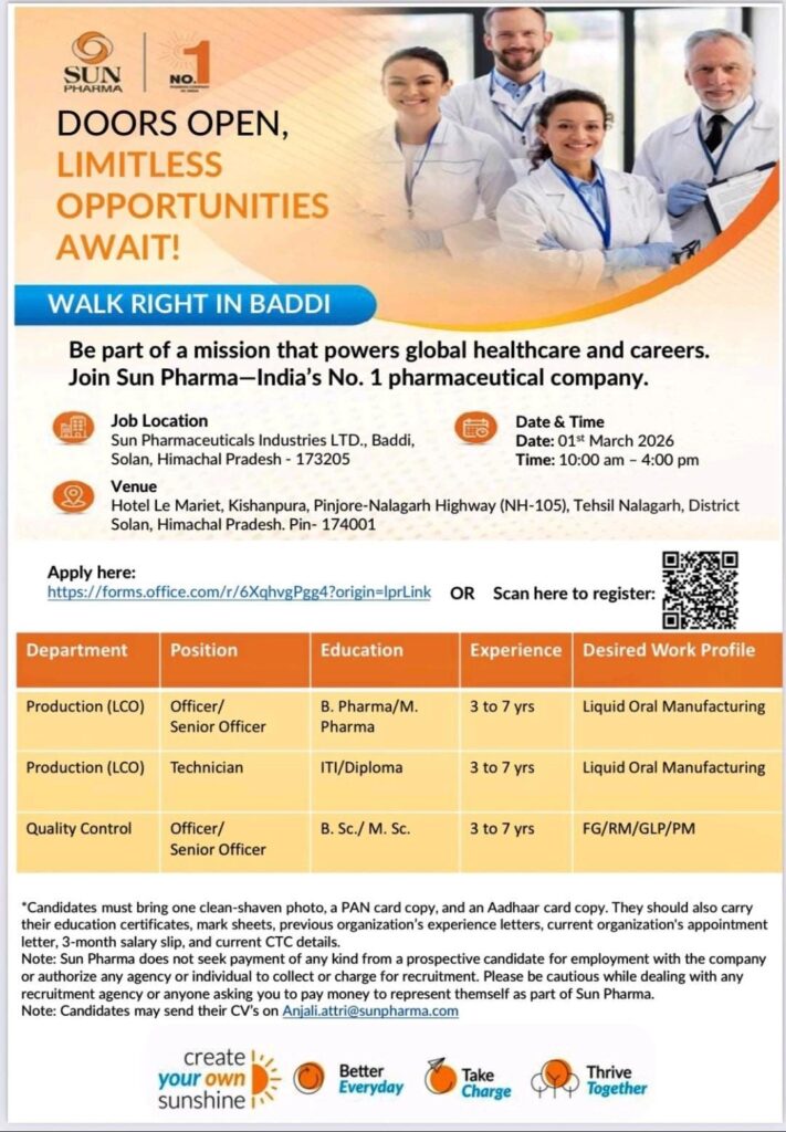Sun Pharma Walk-In Interview 2026 in Baddi | Production & Quality Control Jobs
