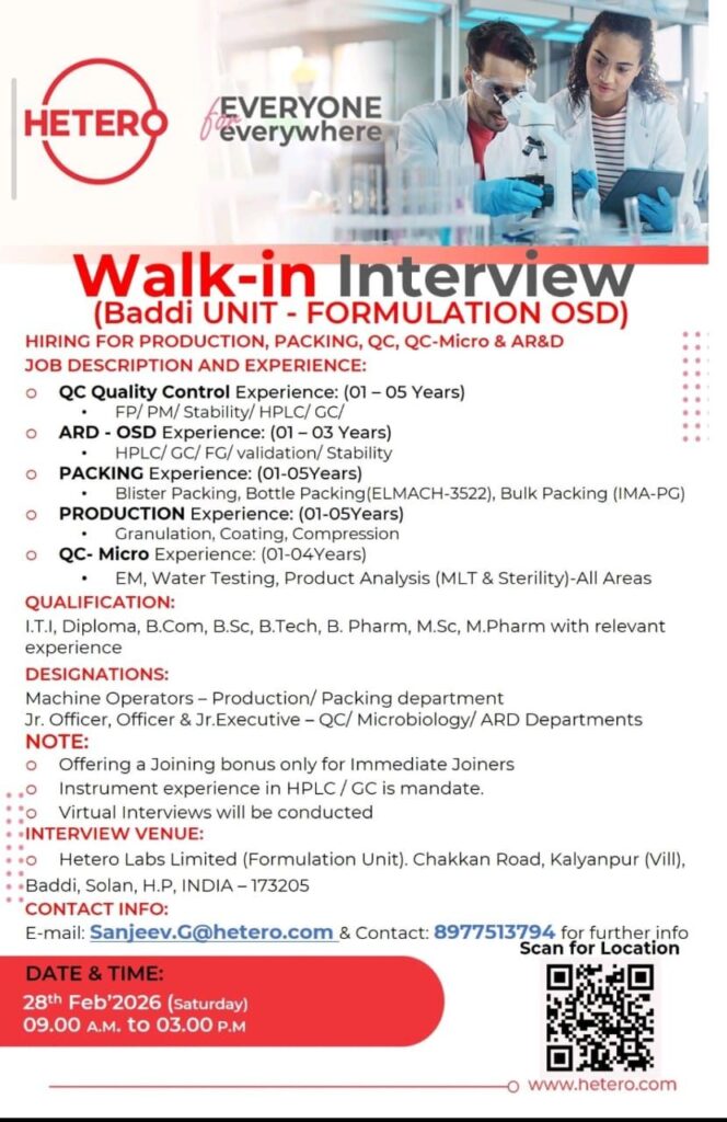 Walk-In Interview at Hetero Labs – Baddi Unit (Formulation OSD) 
