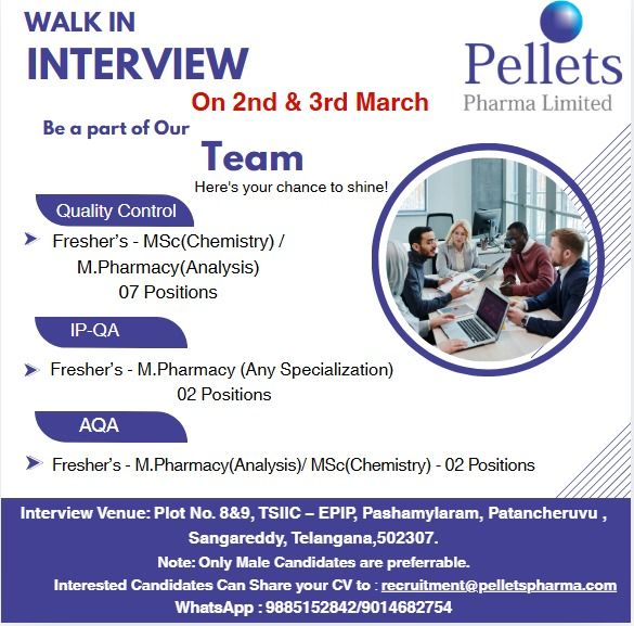 Pellets Pharma Limited Walk-In Interview on 2nd & 3rd March 2026 