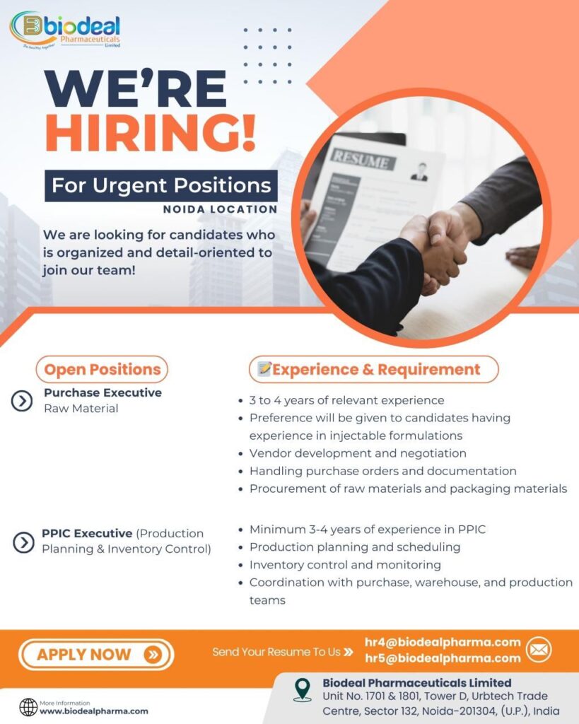 Biodeal Pharmaceuticals Limited Hiring Purchase & PPIC Executives in Noida
