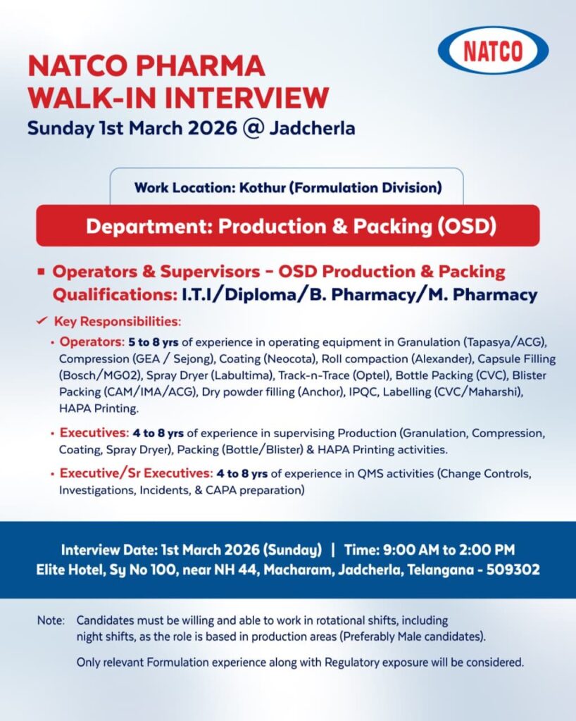 Walk-In Interview at Natco Pharma – Production & Packing (OSD) Jobs