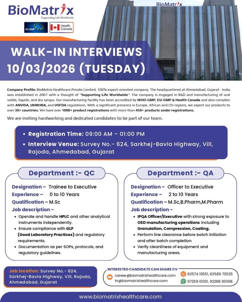 Walk-In Interview at BioMatrix Healthcare Private Limited