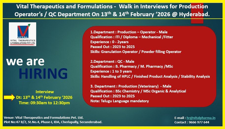 Vital Therapeutics Walk-In Interview 2026 for Production Operator & QC Jobs in Hyderabad