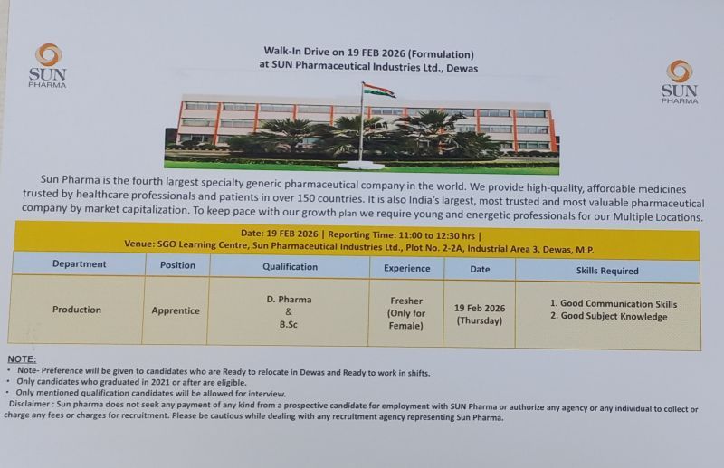 Sun Pharma Walk-In Interview 2026 for Production Apprentice 