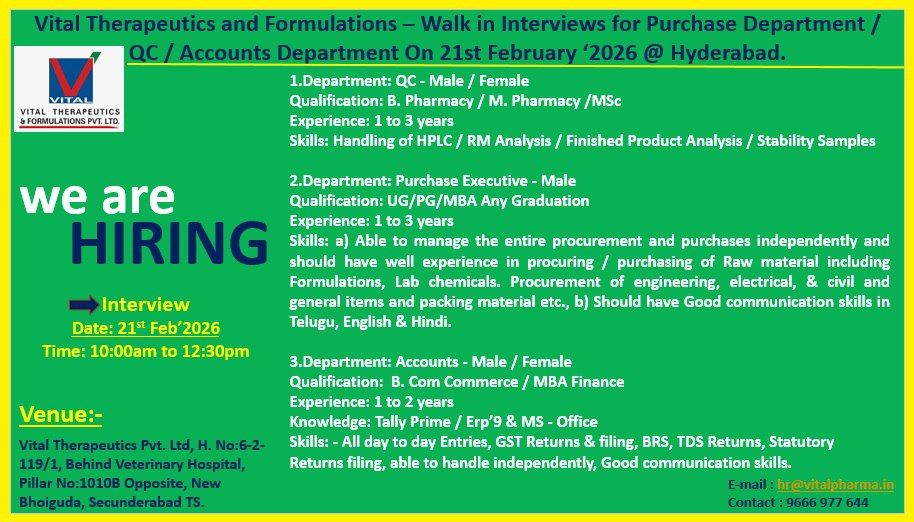 Walk-In Interview at Vital Therapeutics and Formulations Pvt. Ltd