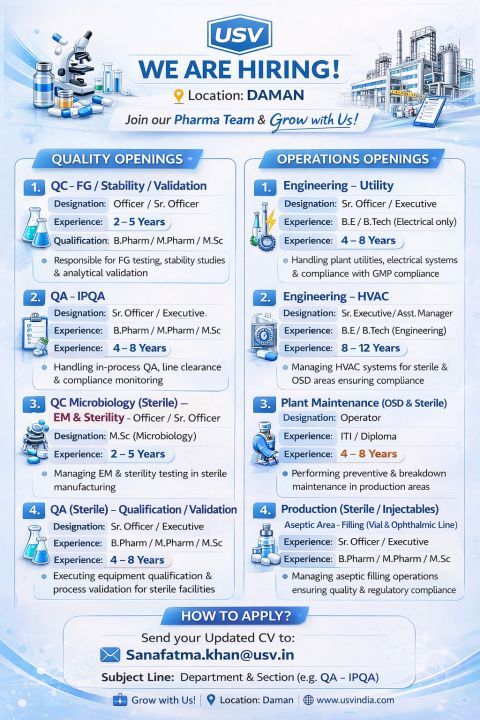 USV Private Limited is Hiring in Daman
