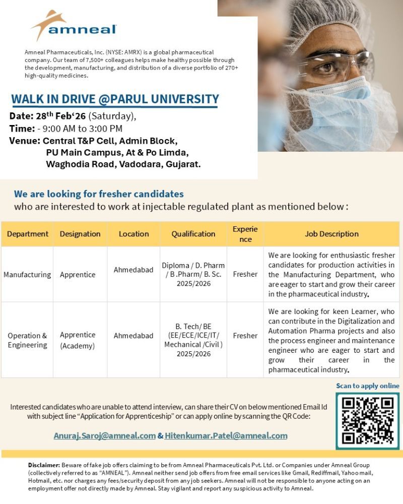 Amneal Pharmaceuticals Announces Walk-In Drive at Parul University for Freshers