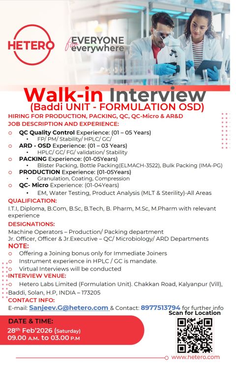 Walk-In Interview at Hetero Labs Limited – Formulation Unit (OSD)