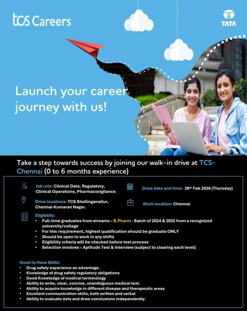 TCS Walk-In Drive 2026 Chennai for B.Pharm Graduates | Clinical & Pharmacovigilance Jobs