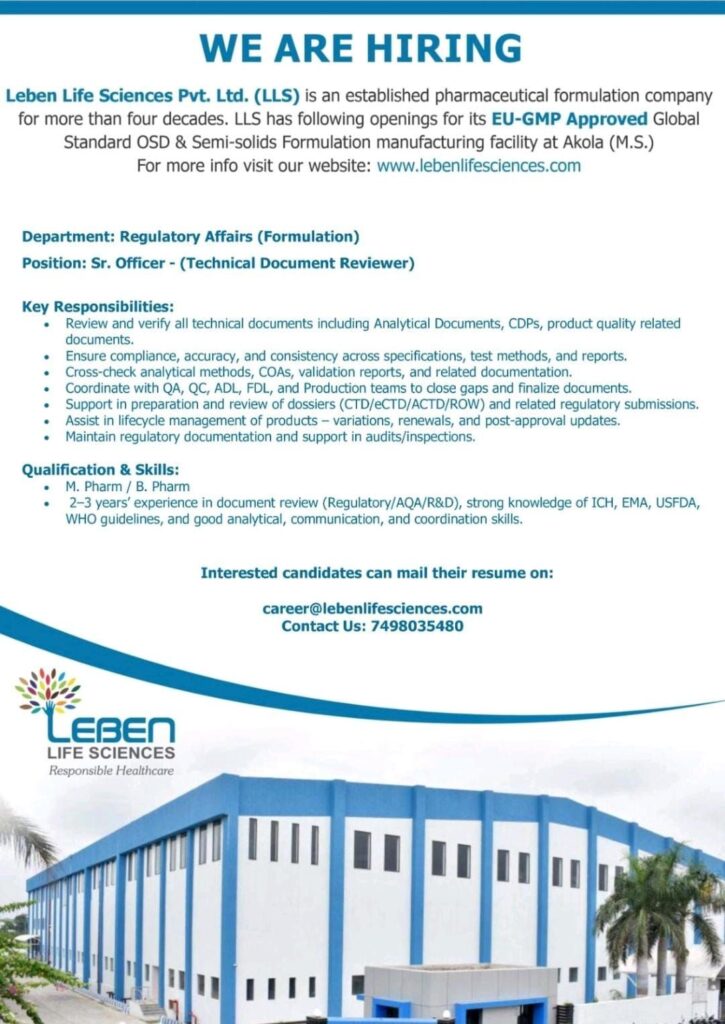 Job Opening at Leben Life Sciences Pvt. Ltd. – Regulatory Affairs (Formulation)