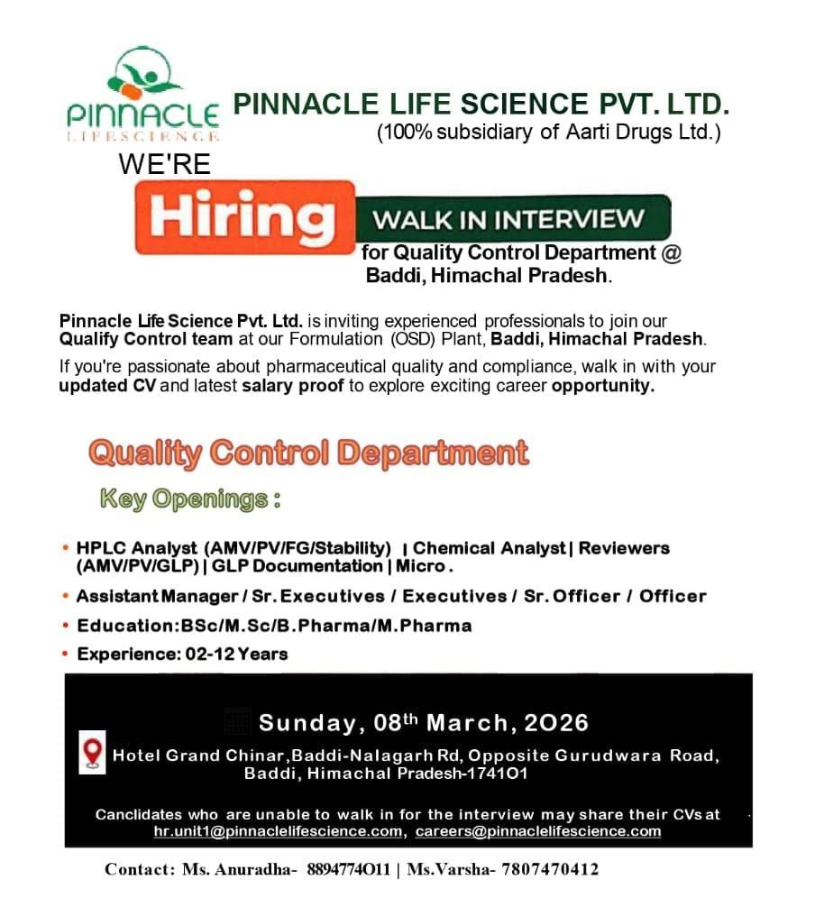 Pinnacle Life Science Pvt. Ltd. Walk-In Interview 2026 | QC Jobs in Baddi 