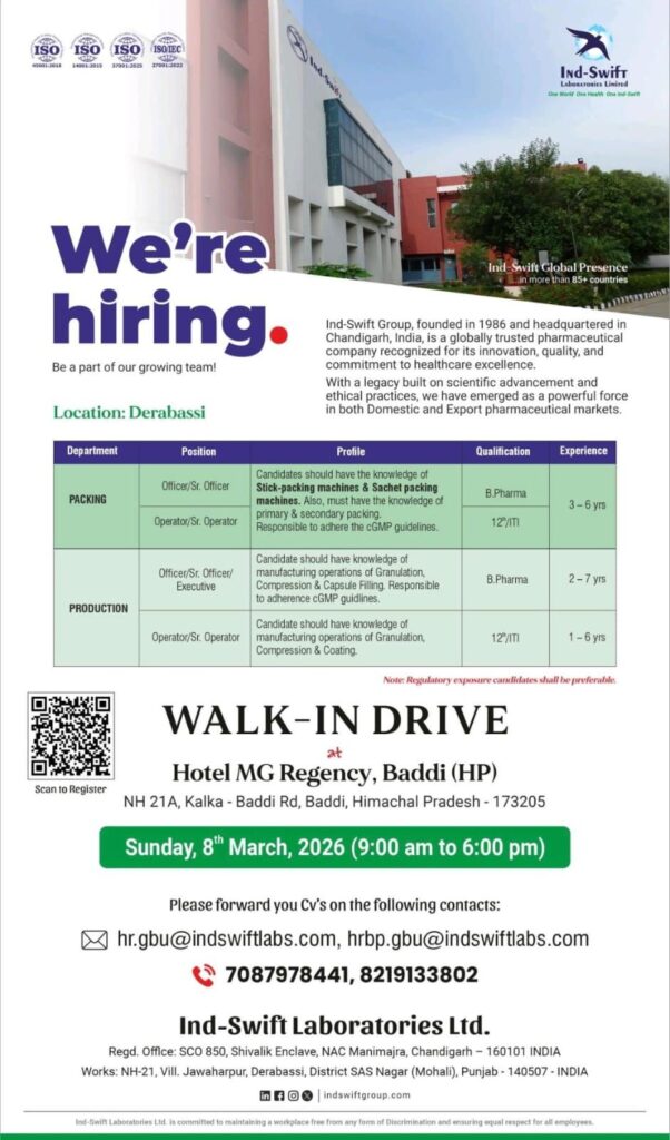 Walk-In Interview at Ind-Swift Laboratories Ltd. – Packing & Production Roles