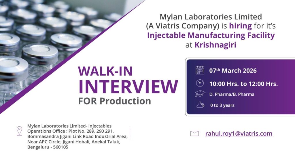 Walk-In Interview at Mylan Laboratories Limited (A Viatris Company) for Production Jobs