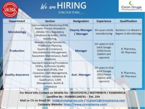 Ciron Drugs Hiring – Pharma Jobs in Boisar & Palghar
